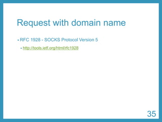 Request with domain name 
•RFC 1928 -SOCKS Protocol Version 5 
•http://tools.ietf.org/html/rfc1928 
35 
 