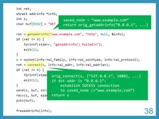 Typical code for TCP connect 
saved_node= “www.example.com” 
return orig_getaddrinfo(“0.0.0.1”, ...) 
orig_connect(s, {“127.0.0.1”, 1080}, ...) 
if dstaddris “0.0.0.1”: 
establish SOCKS5 connection to saved_node(=“www.example.com”) 
return s 
38 
 