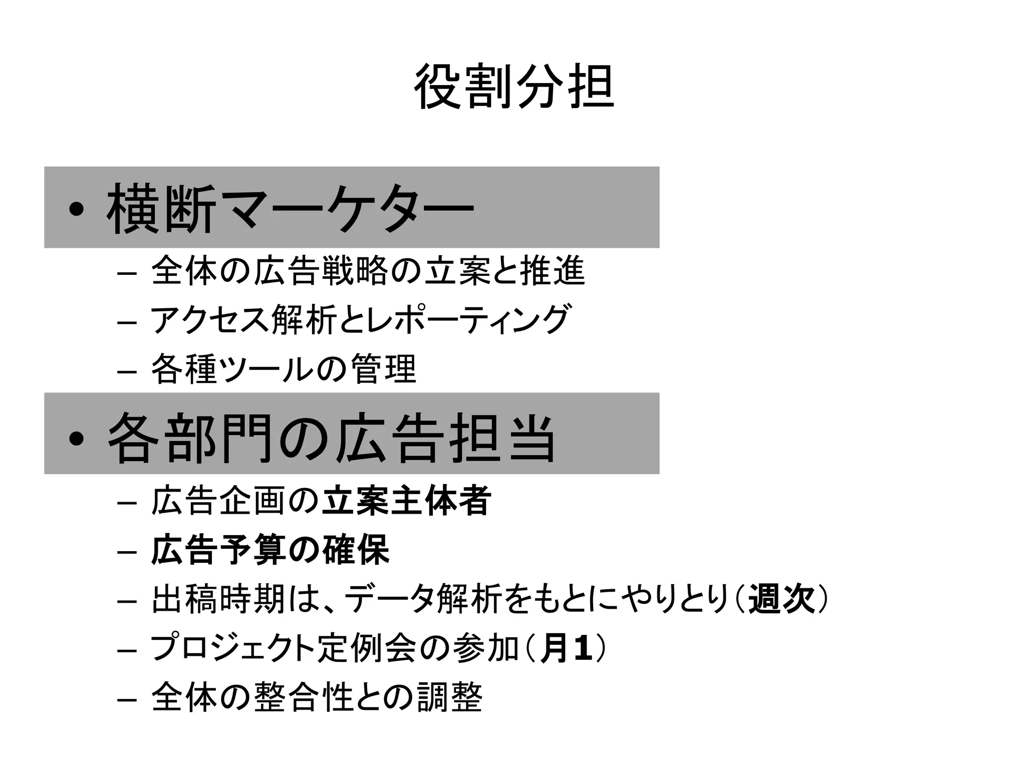役割分担 
• 横断マーケター 
– 全体の広告戦略の立案と推進 
– アクセス解析とレポーティング 
– 各種ツールの管理 
• 各部門の広告担当 
– 広告企画の立案主体者 
– 広告予算の確保 
– 出稿時期は、データ解析をもとにやりとり（週次） 
– プロジェクト定例会の参加（月1） 
– 全体の整合性との調整 
 