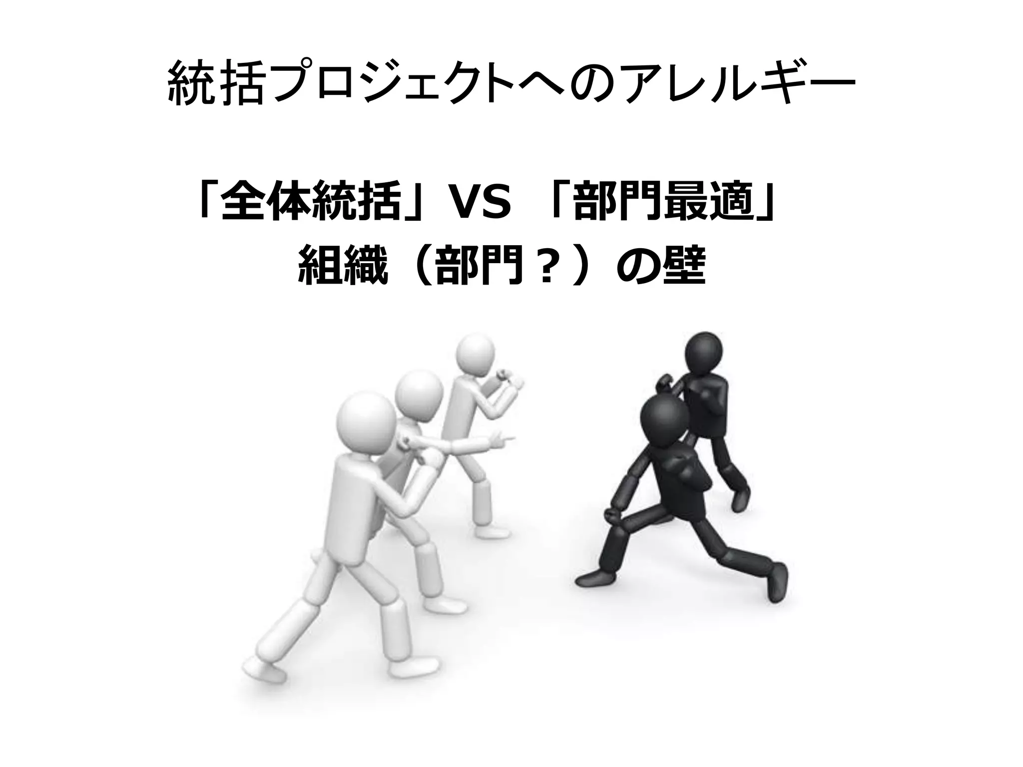 統括プロジェクトへのアレルギー 
「全体統括」VS 「部門最適」 
組織（部門？）の壁 
 
