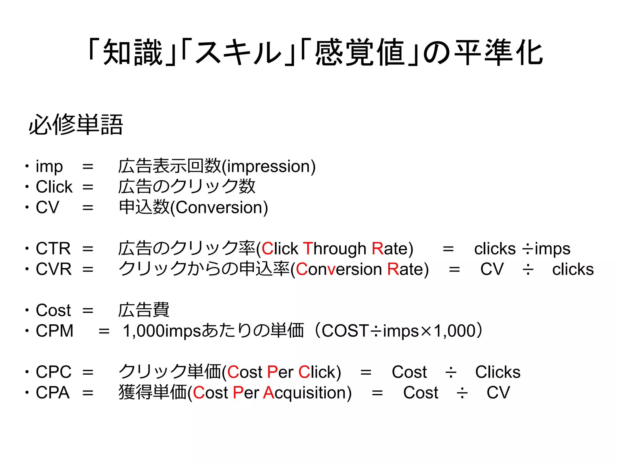 「知識」「スキル」「感覚値」の平準化 
必修単語 
・imp ＝ 広告表示回数(impression) 
・Click ＝ 広告のクリック数 
・CV ＝ 申込数(Conversion) 
・CTR ＝ 広告のクリック率(Click Through Rate) ＝ clicks ÷imps 
・CVR ＝ クリックからの申込率(Conversion Rate) ＝ CV ÷ clicks 
・Cost ＝ 広告費 
・CPM ＝ 1,000impsあたりの単価（COST÷imps×1,000） 
・CPC ＝ クリック単価(Cost Per Click) ＝ Cost ÷ Clicks 
・CPA ＝ 獲得単価(Cost Per Acquisition) ＝ Cost ÷ CV 
 