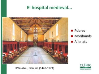 El hospital medieval... 
 Pobres 
 Moribunds 
 Alienats 
Hôtel-dieu, Beaune (1443-1971) 
 