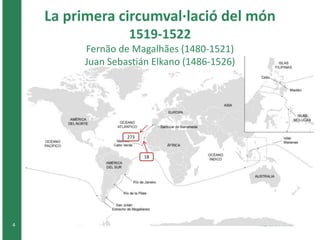 4 
La primera circumval·lació del món 
1519-1522 
Fernão de Magalhães (1480-1521) 
Juan Sebastián Elkano (1486-1526) 
273 
18 
 