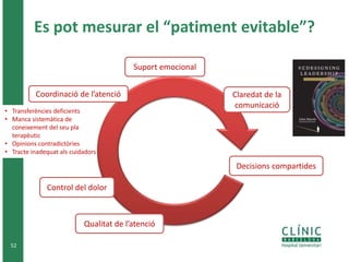 Es pot mesurar el “patiment evitable”? 
Coordinació de l’atenció 
• Transferències deficients 
• Manca sistemàtica de 
coneixement del seu pla 
terapèutic 
• Opinions contradictòries 
• Tracte inadequat als cuidadors 
52 
Control del dolor 
Suport emocional 
Qualitat de l’atenció 
Claredat de la 
comunicació 
Decisions compartides 
 