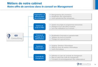 10
Systèmes
d’information
Gestion de
projet et PMO
Finance &
Pilotage de la
performance
Conduite de
changement
Organisation et
restructuration
des entreprises
 Gestion de projets et programmes transverses
 Pilotage et suivi des plans d’actions
 Suivi des réalisations sur le terrain, …
 Définition du plan de conduite de changement
 Mise en place des outils de changement
 Formation et accompagnement des collaborateurs
 Modélisation financière et opérationnelle
 Tableaux de bord et d’activité
 Pilotage de la gouvernance, ...
 Reengineering des processus
 Redéfinition des organisations
 Audit opérationnel des entreprises, …
 Schéma Directeur Informatique
 AMOA & choix de solution informatique
 Audit informatique, …
Métiers de notre cabinet
Notre offre de services dans le conseil en Management
 