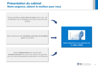 4
Présentation du cabinet
Notre exigence, obtenir le meilleur pour vous
Nous travaillons main dans la main avec vous, de
la définition de la stratégie à la mise en œuvre des
projets
Notre indépendance et notre esprit
entrepreneurial sont, pour nos clients, la garantie
que nos recommandations répondent à vos besoins
Notre objectif est vous apporter de
la valeur réelle
Nous obtenons des résultats concrets et durables
pour nos clients
 