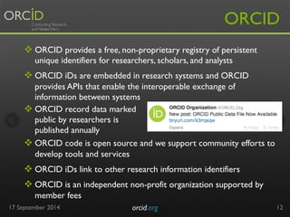 v ORCID provides a free, non-proprietary registry of persistent 
unique identifiers for researchers, scholars, and analysts 
v ORCID iDs are embedded in research systems and ORCID 
provides APIs that enable the interoperable exchange of 
information between systems 
v ORCID code is open source and we support community efforts to 
develop tools and services 
v ORCID iDs link to other research information identifiers 
v ORCID is an independent non-profit organization supported by 
member fees 
ORCID 
17 September 2014 orcid.org 
12 
v ORCID record data marked 
public by researchers is 
published annually 
 