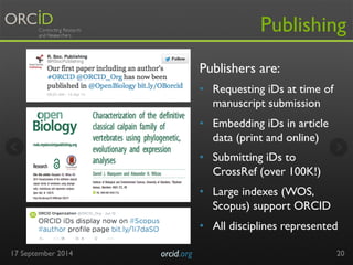 Publishing 
17 September 2014 orcid.org 
Publishers are: 
• Requesting iDs at time of 
manuscript submission 
• Embedding iDs in article 
data (print and online) 
• Submitting iDs to 
CrossRef (over 100K!) 
• Large indexes (WOS, 
Scopus) support ORCID 
• All disciplines represented 
20 
 