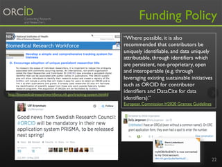 “Where possible, it is also 
recommended that contributors be 
uniquely identifiable, and data uniquely 
attributable, through identifiers which 
are persistent, non-proprietary, open 
and interoperable (e.g. through 
leveraging existing sustainable initiatives 
such as ORCID for contributor 
identifiers and DataCite for data 
identifiers).” 
European Commission H2020 Grantee Guidelines 
22 
http://biomedicalresearchworkforce.nih.gov/tracking-system.htm#d 
Funding Policy 
 