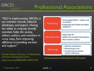 Professional Associations 
“AGU is implementing ORCIDs in 
our member records, editorial 
databases, and papers. Having 
the ability to uniquely identify 
scientists helps the society, 
editors, authors, and members in 
many ways, from improving 
efficiency to providing services 
and support.” 
Brooks Hanson, Director of Publications, 
American Geophysical Union 
http://orcid.org/0000-0001-6230-7145 
17 September 2014 orcid.org 
24 
http://www.slideshare.net/ORCIDSlides/20131029-mcentee 
 