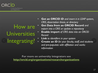 How are 
Universities 
Integrating? 
• Get an ORCID iD and insert it in LDAP system, 
27 
CRIS, dissertation thesis, or directory 
• Get Data from an ORCID Record and 
export into a CRIS or update a repository 
• Enable import of CRIS data into an ORCID 
Record 
• Link to identifiers in your system 
• Create an iD for your faculty, staff, and students 
and pre-populate with affiliation and works 
information 
For more on university integrators see 
http://orcid.org/organizations/researchorganizations 
 