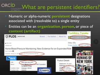 What are persistent identifiers? 
• Numeric or alpha-numeric persistent designations 
associated with (resolvable to) a single entity 
• Entities can be an organization, person, or piece of 
content (artifact) 
 