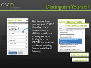 Distinguish Yourself 
Use free tools to 
connect your ORCID 
identifier to your 
name variations, 
affiliations, and your 
existing works and 
funding, both in 
ORCID and external 
databases including 
Scopus and Web of 
Science 
 