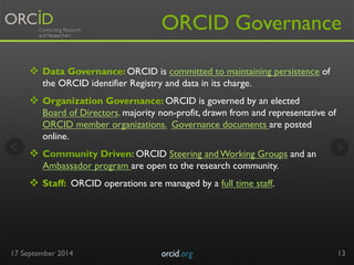 ORCID Governance 
v Data Governance: ORCID is committed to maintaining persistence of 
the ORCID identifier Registry and ...