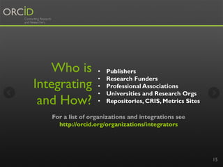 Who is 
Integrating 
and How? 
15 
• Publishers 
• Research Funders 
• Professional Associations 
• Universities and Resea...