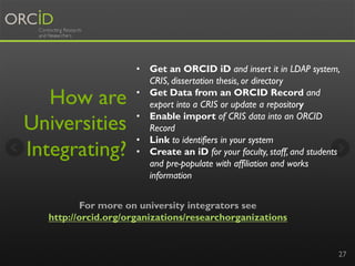 How are 
Universities 
Integrating? 
• Get an ORCID iD and insert it in LDAP system, 
27 
CRIS, dissertation thesis, or di...