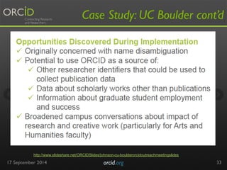 Case Study: UC Boulder cont’d 
17 September 2014 orcid.org 
33 
http://www.slideshare.net/ORCIDSlides/johnson-cu-boulderor...
