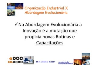 Na Abordagem Evolucionária a 
Inovação é a mutação que 
propicia novas Rotinas e 
Capacitações 
-18 de setembro de 2014 Apresentação 
Fernando Goldman 
17 
Organização Industrial X 
Abordagem Evolucionária 
 