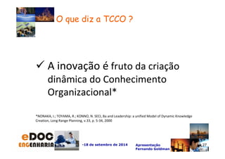 A inovação é fruto da criação 
dinâmica do Conhecimento 
Organizacional* 
-18 de setembro de 2014 Apresentação 
Fernando Goldman 
O que diz a TCCO ? 
27 
*NONAKA, I.; TOYAMA, R.; KONNO, N. SECI, Ba and Leadership: a unified Model of Dynamic Knowledge 
Creation, Long Range Planning, v.33, p. 5-34, 2000 
 