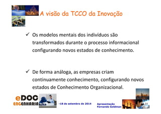 A visão da TCCO da Inovação 
-18 de setembro de 2014 Apresentação 
Fernando Goldman 
31 
 Os modelos mentais dos indivíduos são 
transformados durante o processo informacional 
configurando novos estados de conhecimento. 
 De forma análoga, as empresas criam 
continuamente conhecimento, configurando novos 
estados de Conhecimento Organizacional. 
 