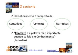 O Conhecimento é composto de; 
“Contexto é a palavra mais importante 
quando se fala em Conhecimento” 
(Snowden) 
-18 de setembro de 2014 Apresentação 
Fernando Goldman 
5 
O contexto 
Conteúdos Contexto Narrativas 
 