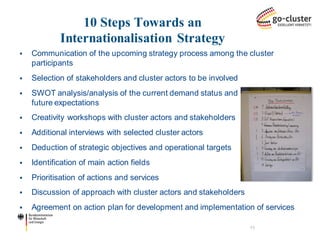 Communication of the upcoming strategy process among the cluster participants 
Selection of stakeholders and cluster actors to be involved 
SWOT analysis/analysis of the current demand status and future expectations 
Creativity workshops with cluster actors and stakeholders 
Additional interviews with selected cluster actors 
Deduction of strategic objectives and operational targets 
Identification of main action fields 
Prioritisation of actions and services 
Discussion of approach with cluster actors and stakeholders 
Agreement on action plan for development and implementation of services 
10 Steps Towards an Internationalisation Strategy 
11  