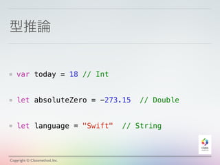 型推論 
var today = 18 // Int 
! 
! 
let absoluteZero = -273.15 // Double 
! 
! 
let language = "Swift" // String 
Copyright © Classmethod, Inc. 
 