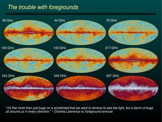 The trouble with foregrounds 
30 GHz 44 GHz 70 GHz 
100 GHz 143 GHz 217 GHz 
343 GHz 545 GHz 857 GHz 
“It's like more than just bugs on a windshield that we want to remove to see the light, but a storm of bugs 
all around us in every direction.” – Charles Lawrence re: foreground removal 
