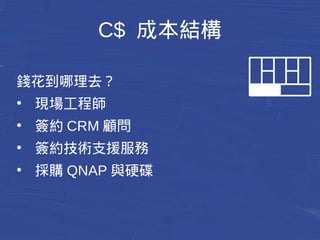 C$ 成本結構 
錢花到哪理去？ 
● 現場工程師 
● 簽約CRM顧問 
● 簽約技術支援服務 
● 採購QNAP與硬碟 
 