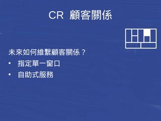 CR 顧客關係 
未來如何維繫顧客關係？ 
● 指定單一窗口 
● 自助式服務 
 