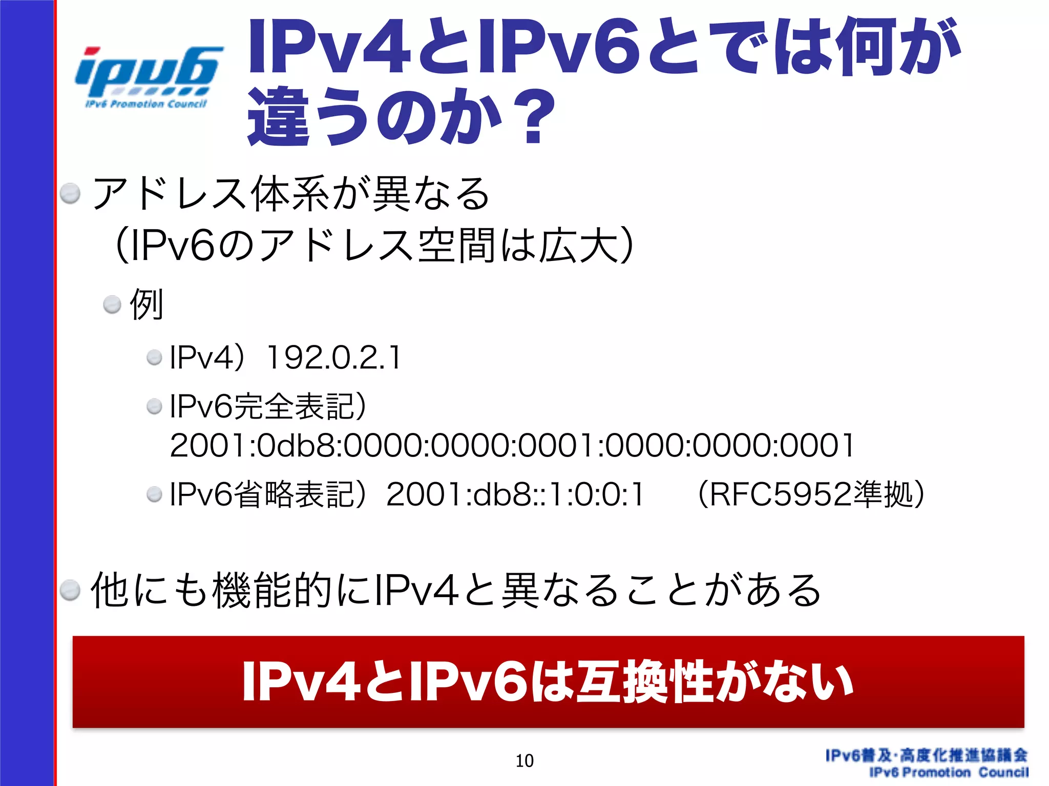 IPv4とIPv6とでは何が 
違うのか？ 
アドレス体系が異なる 
（IPv6のアドレス空間は広大） 
例 
IPv4）192.0.2.1 
IPv6完全表記） 
2001:0db8:0000:0000:0001:0000:0000:0001 
IPv6省略表記）2001:db8::1:0:0:1　（RFC5952準拠） 
10 
! 
他にも機能的にIPv4と異なることがある 
　 IPv4とIPv6は互換性がない 
 