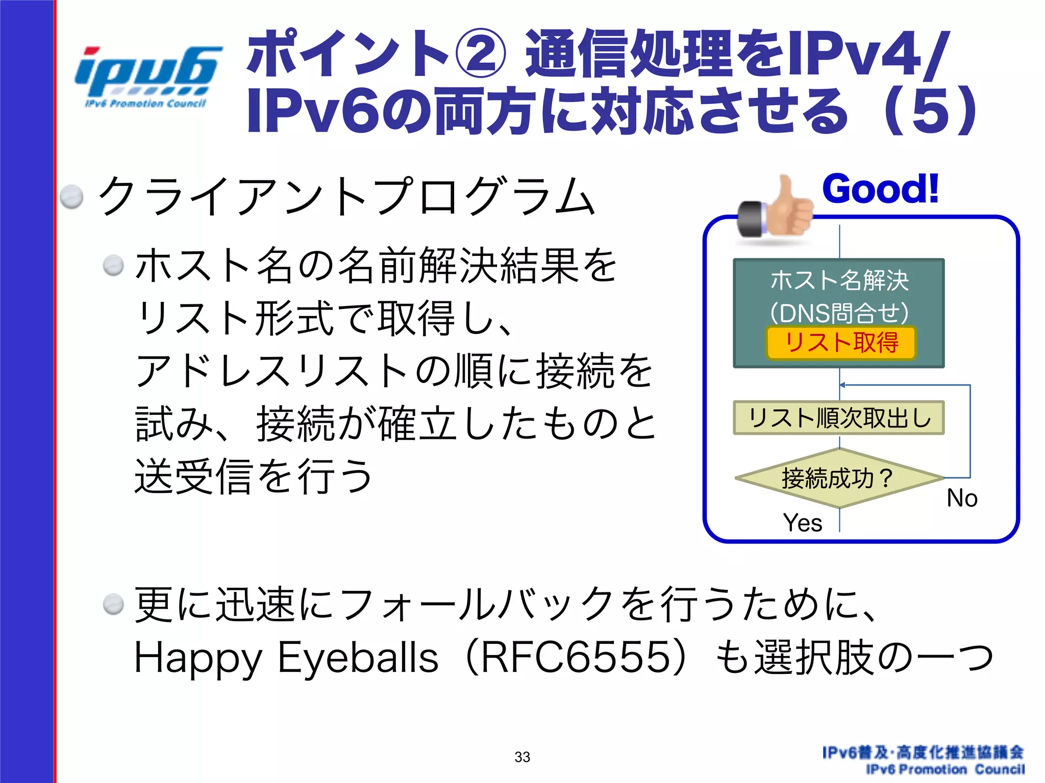 ポイント② 通信処理をIPv4/ 
IPv6の両方に対応させる（５） 
クライアントプログラム 
ホスト名の名前解決結果を 
リスト形式で取得し、 
アドレスリストの順に接続を 
試み、接続が確立したものと 
送受信を行う 
Good! 
! 
更に迅速にフォールバックを行うために、 
Happy Eyeballs（RFC6555）も選択肢の一つ　 
33 
ホスト名解決 
（DNS問合せ） 
接続成功？ 
Yes 
No 
リスト取得 
リスト順次取出し 
 