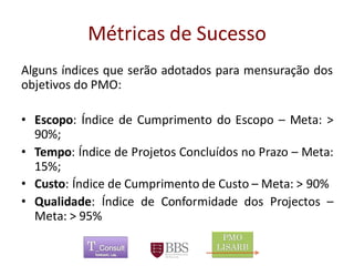 Métricas de Sucesso 
AlgunsíndicesqueserãoadotadosparamensuraçãodosobjetivosdoPMO: 
•Escopo:ÍndicedeCumprimentodoEscopo–Meta:> 90%; 
•Tempo:ÍndicedeProjetosConcluídosnoPrazo–Meta: 15%; 
•Custo:ÍndicedeCumprimentodeCusto–Meta:>90% 
•Qualidade:ÍndicedeConformidadedosProjectos– Meta:>95% 
	 
 