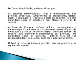 De forma simplificada, podemos dizer que: 
AsEstaçõesMeteorológicasfarãoomonitoramentodosprojetos(progresso,cumprimentodocronograma,gastos, riscosequalidade)ereportaraàtorredecontrole.Nãoteráautoridadesobreosprojetosenemofereceráserviçosdesuporte. 
ATorredeControle,definirápolitica,documentaçãoemetodologia.Estaráassociadaàsestacoesmeteorológicasdemodoqueapartirdosrelatóriosdestas,ofereceráserviçosdesuporte,paramelhorarodesempenhodosprojetos.Teráautoridadesobreosprojetos.Tambémserádesuaresponsabilidade,selecionar,priorizareautorizarprojetos. 
OPoolderecursosindicarágerentesparaosprojetoseasequipesdesuporte. 
  