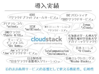 IDCフロンティア 
『IDCFクラウドサービス』 
GMOクラウド 
『Public ALTUS』 
Joe'sクラウド 
導入実績 
『Joe'sクラウドサービス』 
NTTコミュニケーションズ 
『クラウド・エヌ』 
北海道大学・九州大学 
北陸先端科学技術大学 
アカデミッククラウド 
日本ユニシス 
『U-Cloud』 
KDDI 
『クラウドプラットフォームサービス』 
日商エレクトロニクス 
『Nissho-Blocks』 
日立製作所 
『日立クラウド基盤導入ソリューション』 
Zynga 
『zCloud』 
TataCommunication 
『InstaCompute』 
キューデン 
インフォコム 
『Qic Qumo』 
SCSK 
『netXCloud』 
コリアテレコム 
『ucloud』 
そのまま商用サービスの基盤として使える機能性、信頼性 
 