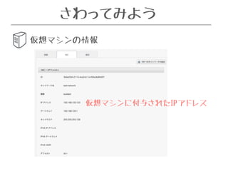 さわってみよう 
仮想マシンの情報 
仮想マシンに付与されたIPアドレス 
 