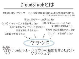 CloudStackとは 
2013年のクラウドサービス市場規模:前年の56.0％増の609億円※ 
迅速にITリソースを調達したい 
なにがなんでもコスト削減 
クラウドでサービスを差別化したい 
BCP対策としてクラウドを使いたい使用量を把握したい 
開発業務に専念したい資産管理の稼働を削減したい 
エンジニアを育成したい 
クラウド 
CloudStack＝クラウドの基盤を作るための 
ソフトウェア 
初期投資を抑えたい 
※「ビジネス2.0の視点」http://bit.ly/1ttIiFs 
 