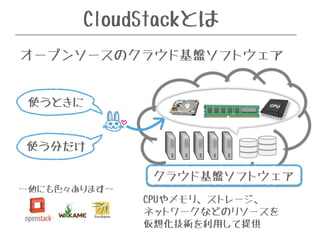 CloudStackとは 
オープンソースのクラウド基盤ソフトウェア 
CPUやメモリ、ストレージ、 
ネットワークなどのリソースを 
仮想化技術を利用して提供 
使うときに 
使う分だけ 
クラウド基盤ソフトウェア 
〜他にも色々あります〜 
 