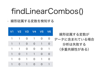 findLinearCombos() 
• 線形従属する変数を検知する 
V1 V2 V3 V4 V5 V6 
1 1 0 1 0 0 
1 1 0 0 1 0 
1 1 0 0 0 1 
1 0 1 1 0 0 
1 0 1 0 1 0 
1 0 1 0 0 1 
線形従属する変数が 
データに含まれている場合 
分析は失敗する 
（多重共線性がある） 
 