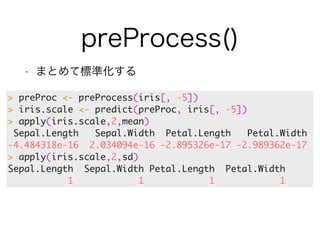 preProcess() 
• まとめて標準化する 
> preProc <- preProcess(iris[, -5]) 
> iris.scale <- predict(preProc, iris[, -5]) 
> apply(iris.scale,2,mean) 
Sepal.Length Sepal.Width Petal.Length Petal.Width 
-4.484318e-16 2.034094e-16 -2.895326e-17 -2.989362e-17 
> apply(iris.scale,2,sd) 
Sepal.Length Sepal.Width Petal.Length Petal.Width 
1 1 1 1 
 