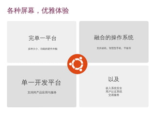 各种屏幕，优雅体验 
融合的操作系统 
支持桌机、智慧型手机、平板等 
单一开发平台 
支持跨产品应用与服务 
以及 
嵌入系统安全 
用户认证系统 
交易服务 
完单一平台 
多种大小、功能的硬件外貌 
 