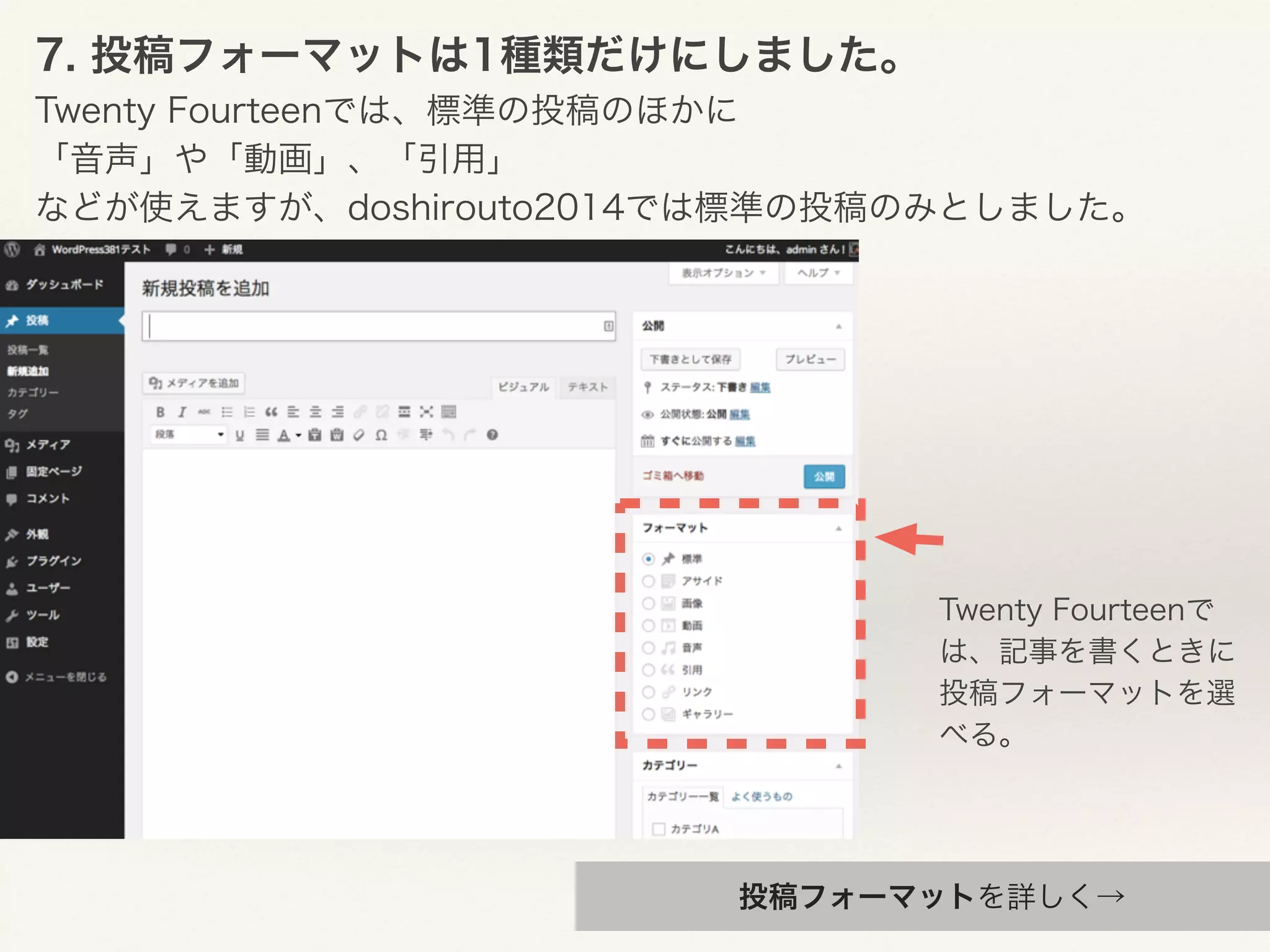7. 投稿フォーマットは1種類だけにしました。 
Twenty Fourteenでは、標準の投稿のほかに 
「音声」や「動画」、「引用」 
などが使えますが、doshirouto2014では標準の投稿のみとしました。 
Twenty Fourteenで 
は、記事を書くときに 
投稿フォーマットを選 
べる。 
投稿フォーマットを詳しく→ 
 