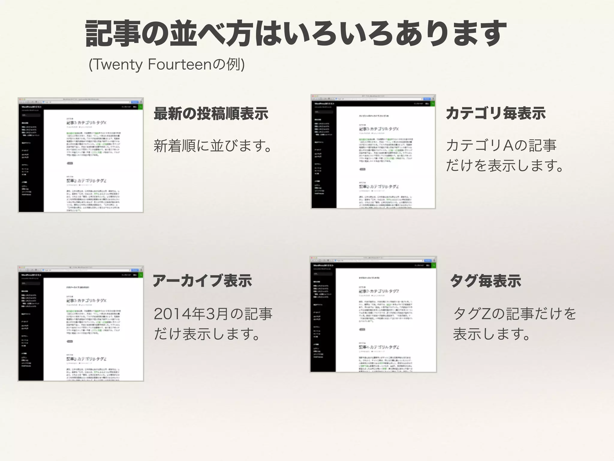記事の並べ方はいろいろあります 
カテゴリ毎表示 
(Twenty Fourteenの例) 
最新の投稿順表示 
新着順に並びます。カテゴリAの記事 
だけを表示します。 
アーカイブ表示 タグ毎表示 
2014年3月の記事 
だけ表示します。 
タグZの記事だけを 
表示します。 
 
