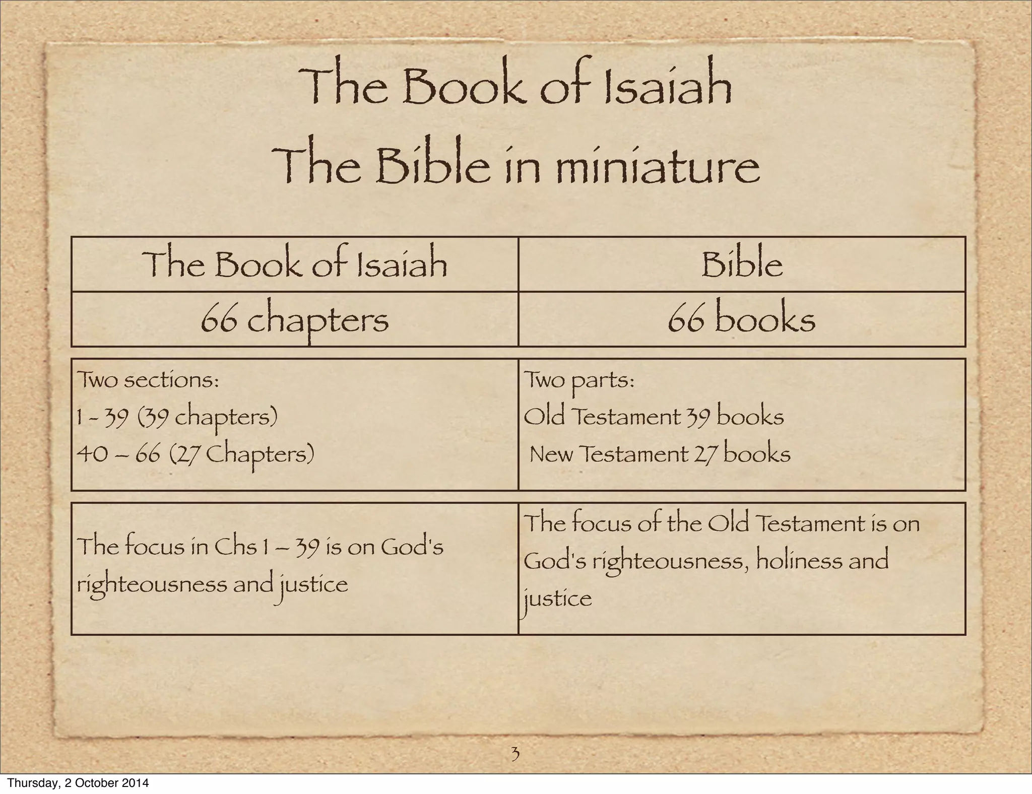 The Book of Isaiah 
The Bible in miniature 
The Book of Isaiah Bible 
66 chapters 66 books 
3 
Two sections: 
1 - 39 (39 chapters) 
40 – 66 (27 Chapters) 
Two parts: 
Old Testament 39 books 
New Testament 27 books 
The focus in Chs 1 – 39 is on God's 
righteousness and justice 
The focus of the Old Testament is on 
God's righteousness, holiness and 
justice 
Thursday, 2 October 2014 
 