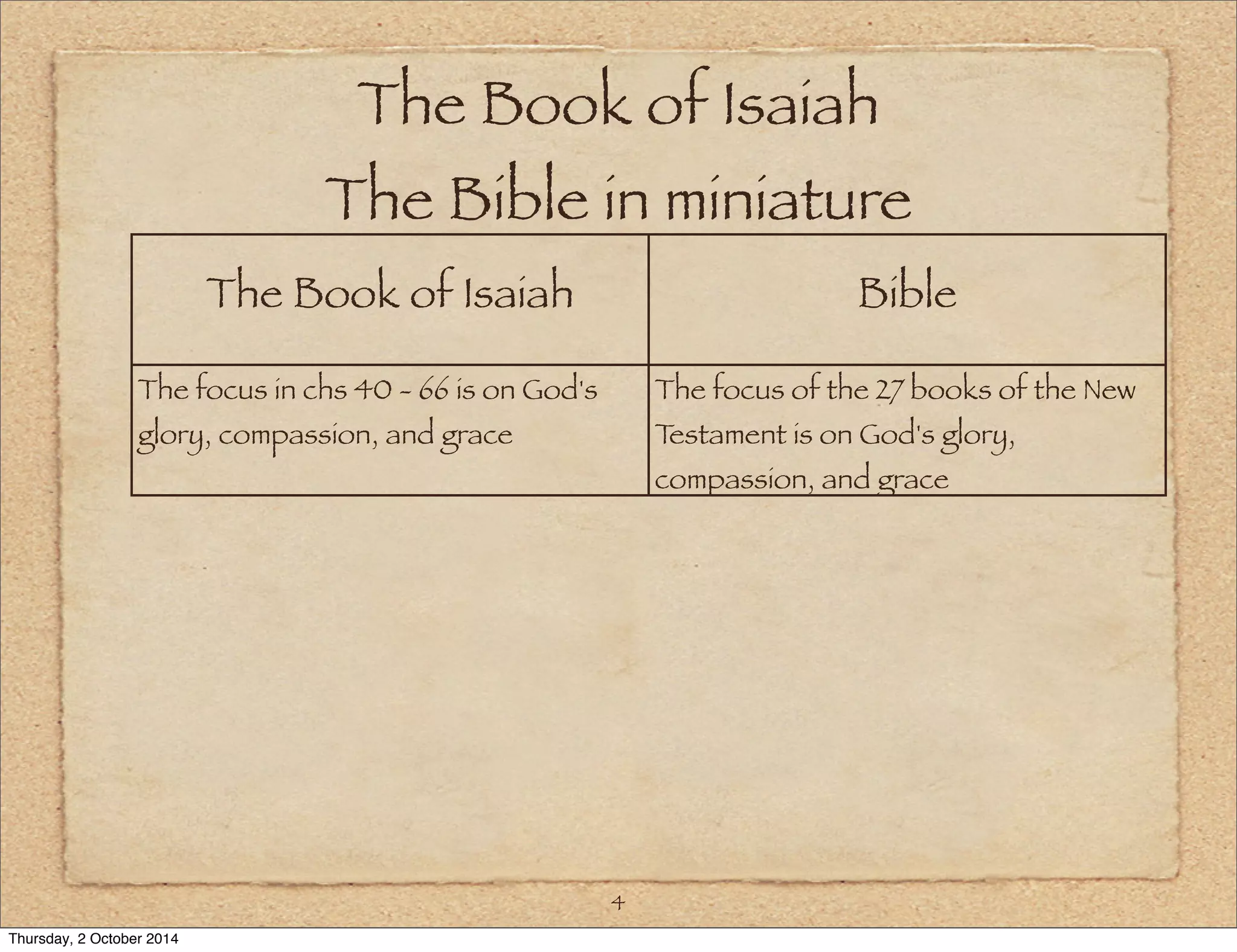 The Book of Isaiah 
The Bible in miniature 
The Book of Isaiah Bible 
4 
The focus in chs 40 - 66 is on God's 
glory, compassion, and grace 
The focus of the 27 books of the New 
Testament is on God's glory, 
compassion, and grace 
Thursday, 2 October 2014 
 