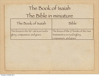 The Book of Isaiah 
The Bible in miniature 
The Book of Isaiah Bible 
4 
The focus in chs 40 - 66 is on God's 
glory, compassion, and grace 
The focus of the 27 books of the New 
Testament is on God's glory, 
compassion, and grace 
Thursday, 2 October 2014 
 