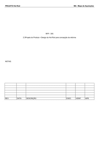 PROJETO Hot Rod MA - Mapa de Aquisições 
RFP - 355 
2.3Projeto do Produto > Design do Hot Rod para concepção da reforma 
NOTAS: 
REV. DATA DESCRIÇÃO EXEC. VERIF. APR. 
 