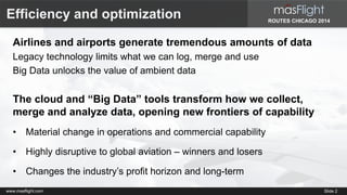 ROUTES CHICAGO 2014 
Airlines and airports generate tremendous amounts of data 
Legacy technology limits what we can log, merge and use 
Big Data unlocks the value of ambient data 
The cloud and “Big Data” tools transform how we collect, 
merge and analyze data, opening new frontiers of capability 
• Material change in operations and commercial capability 
• Highly disruptive to global aviation – winners and losers 
• Changes the industry’s profit horizon and long-term 
www.masflight.com 
Slide 2 
Efficiency and optimization 
 