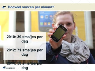 Hoeveel sms’en per maand? 
2010: 39 sms’jes per 
dag 
2012: 71 sms’jes per 
dag 
2014: 58 sms’jes per 
dag 
 