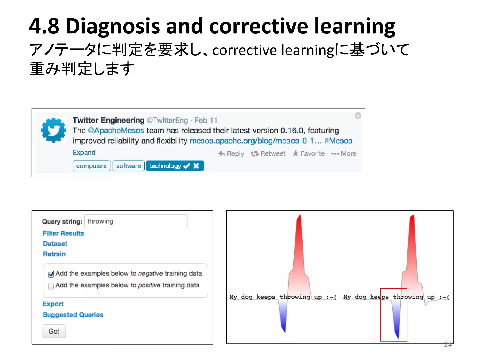 4.8 Diagnosis and corrective learning 
アノテータに判定を要求し、corrective learningに基づいて 
重み判定します 
24 
 